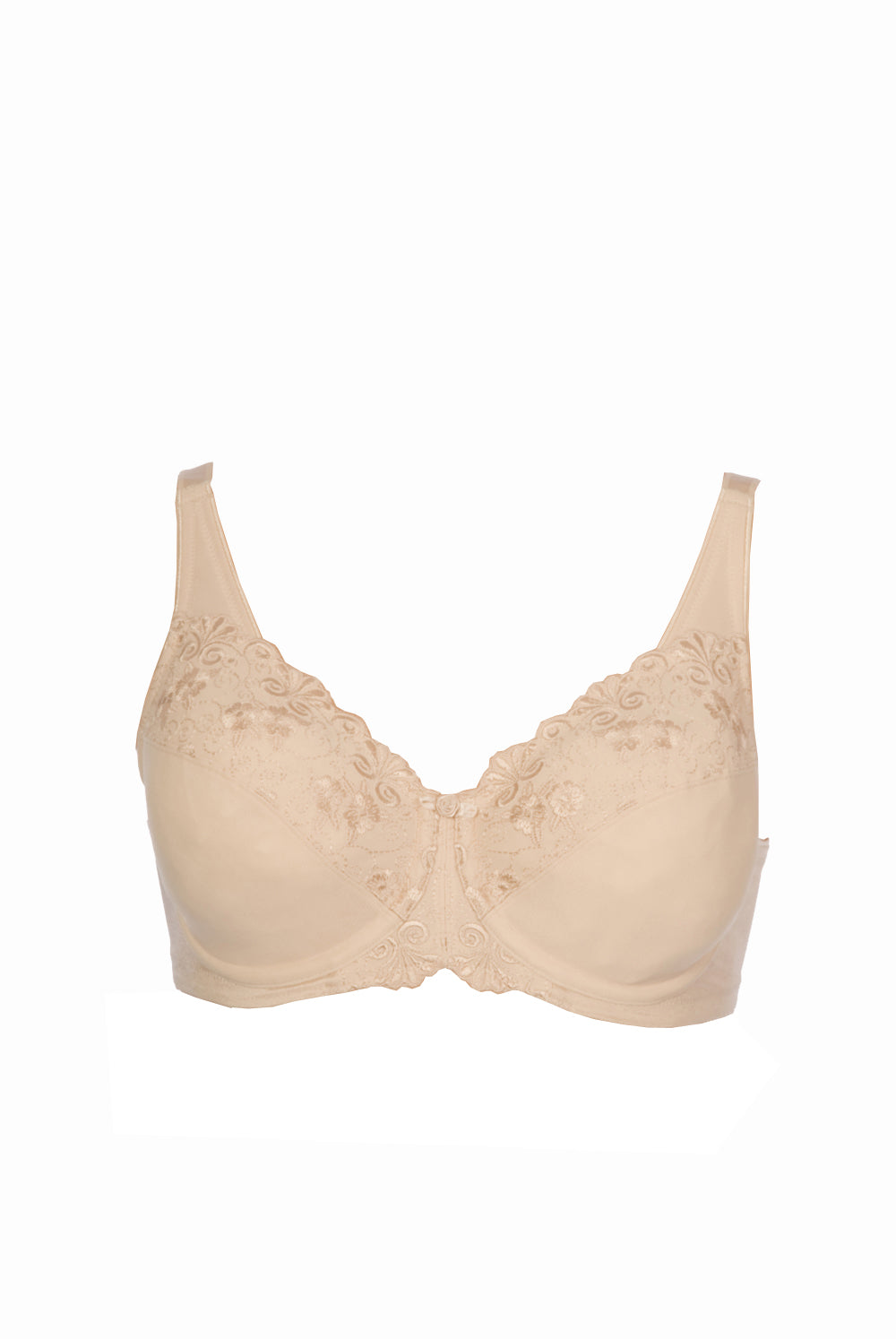 Product shot of the Embroidered Minimizer Bra in colour Fawn, from the front