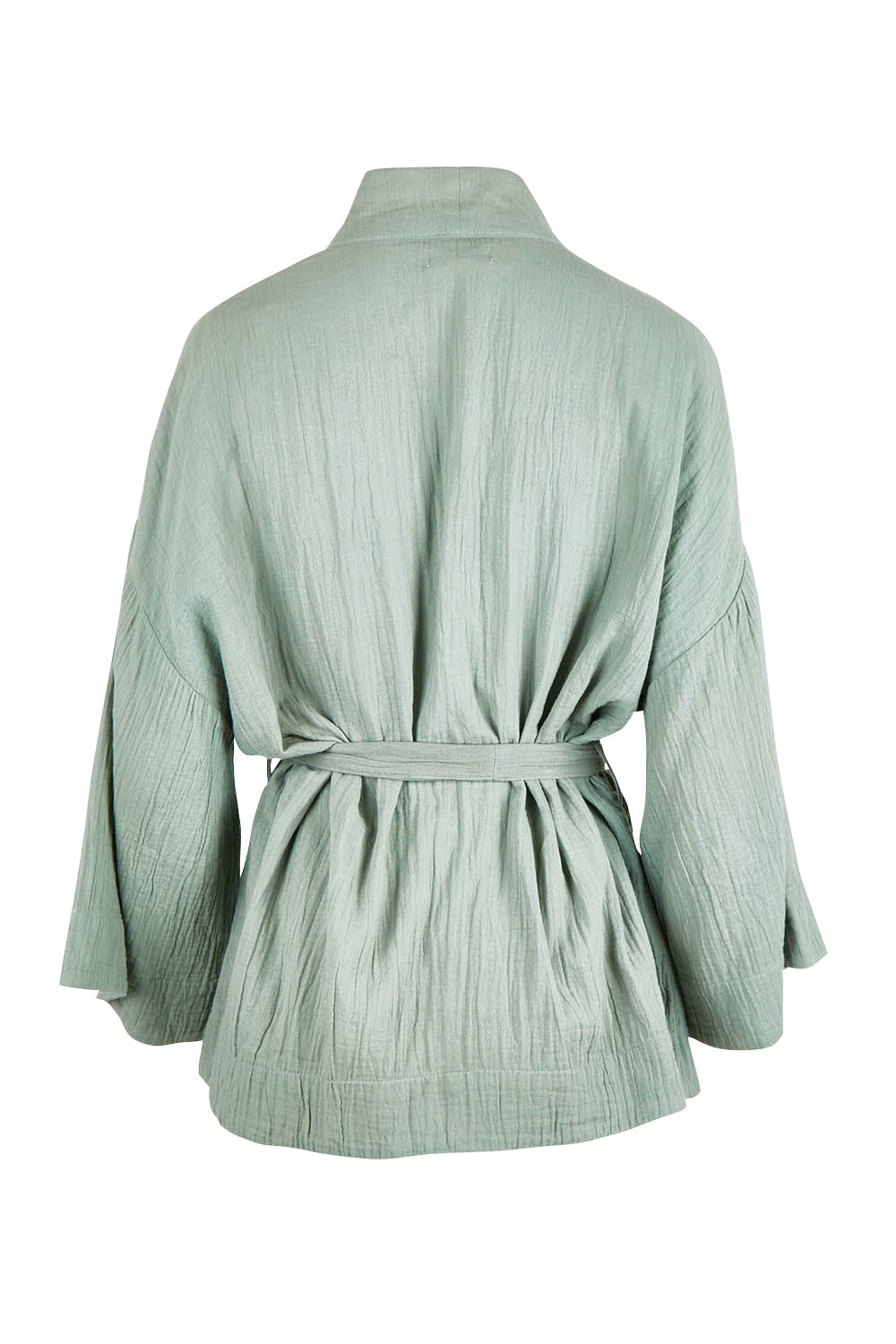 Product shot of the Cotton Kimono With Belt in colour Sage (Green), from the back