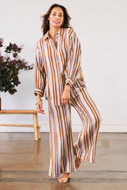 Model Amanda wearing the Striped Cotton Wide Leg Lounge Pant in colour Lilacstrip, from the front, showing the whole outfit