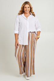 Model Fiona wearing the Striped Cotton Wide Leg Lounge Pant in colour Lilacstrip, from the front, showing the whole outfit