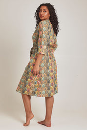 Model Terri-Leigh wearing the Summer Cotton Robe With Tie in colour Cottage (Pink), from the back