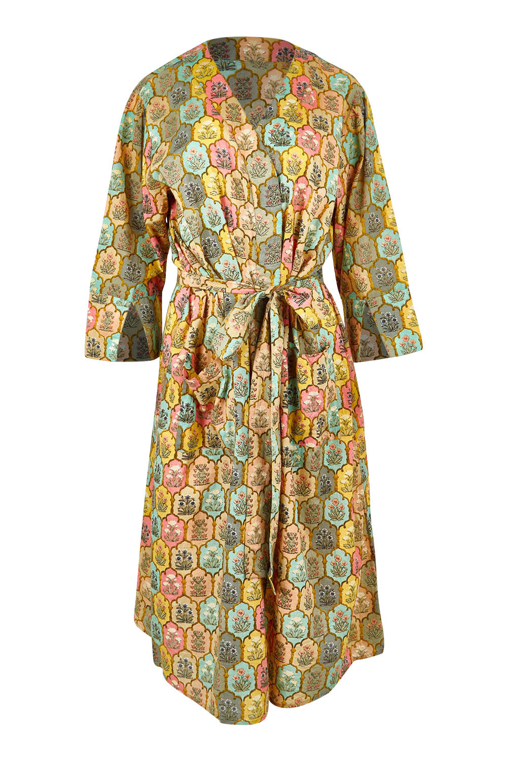 Product shot of the Summer Cotton Robe With Tie in colour Cottage (Pink), from the front