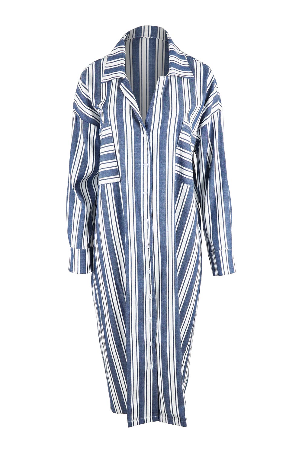 Product shot of the Oversized Cotton Linen Sleep Shirt in colour Navystripe (Blue), from the front