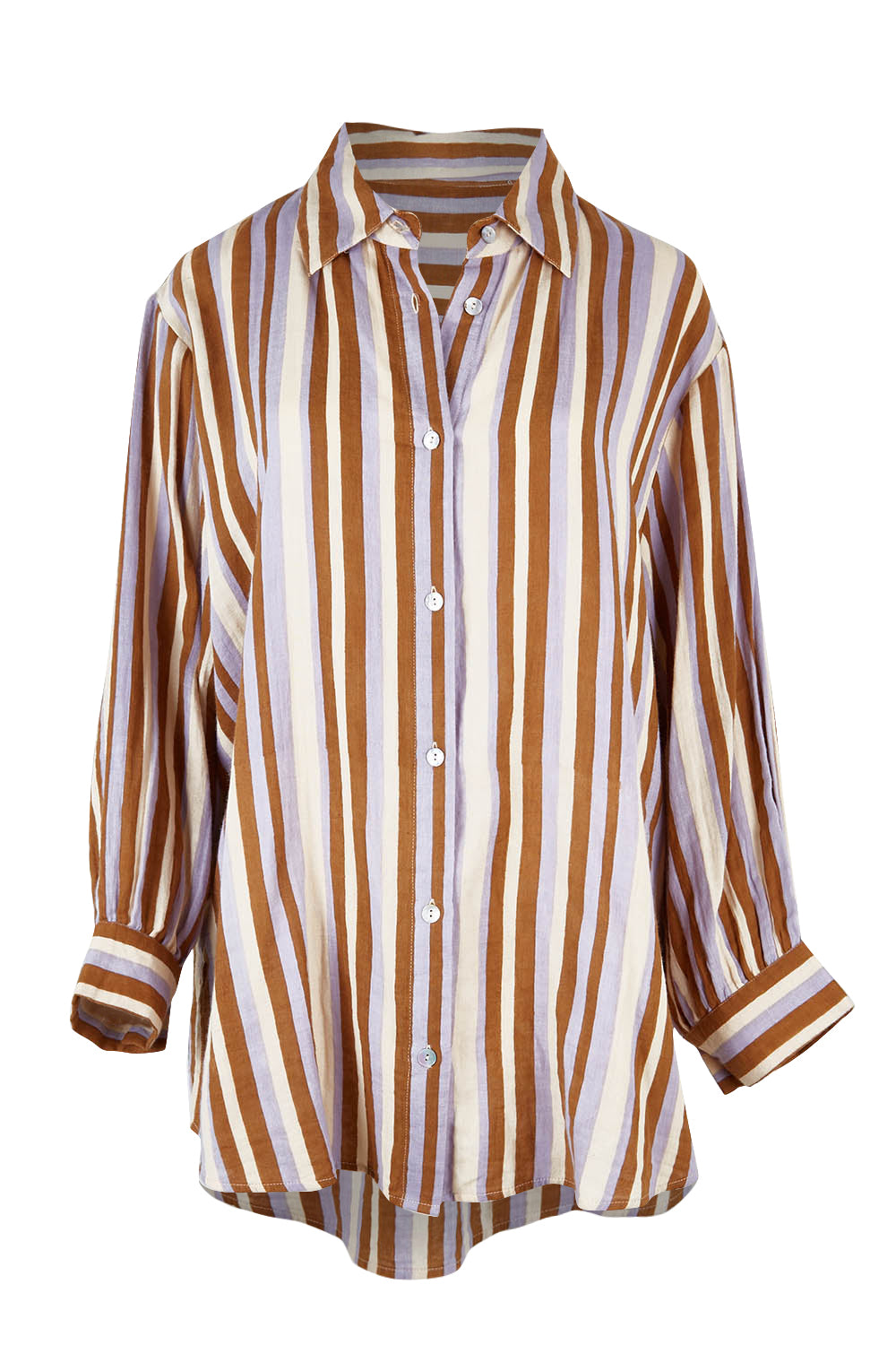 Product shot of the Striped Cotton Lounge Shirt in colour Lilacstrip, from the front