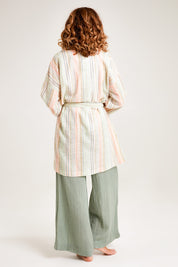 Model Emma wearing the Cotton Stripe Dressing Robe in colour Softstripe (Green), from the back
