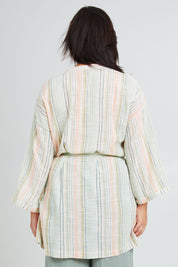 Model Poppy wearing the Cotton Stripe Dressing Robe in colour Softstripe (Green), from the back