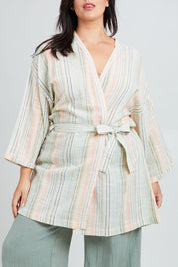 Model Poppy wearing the Cotton Stripe Dressing Robe in colour Softstripe (Green), from the front, cropped image