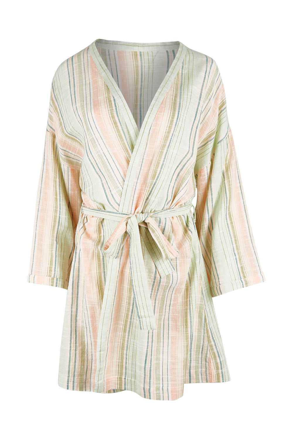 Product shot of the Cotton Stripe Dressing Robe in colour Softstripe (Green), from the front