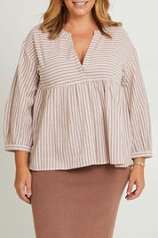 Model Fiona wearing the Cotton Stripe Lounge Top in colour Camel, from the front, cropped image