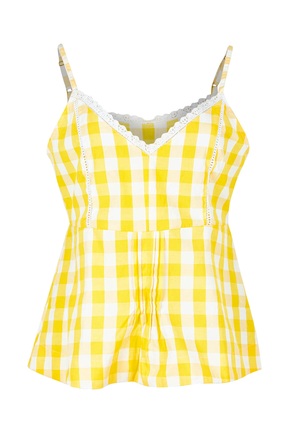 Product shot of the Cotton Gingham Cami in colour Buttercup, from the front
