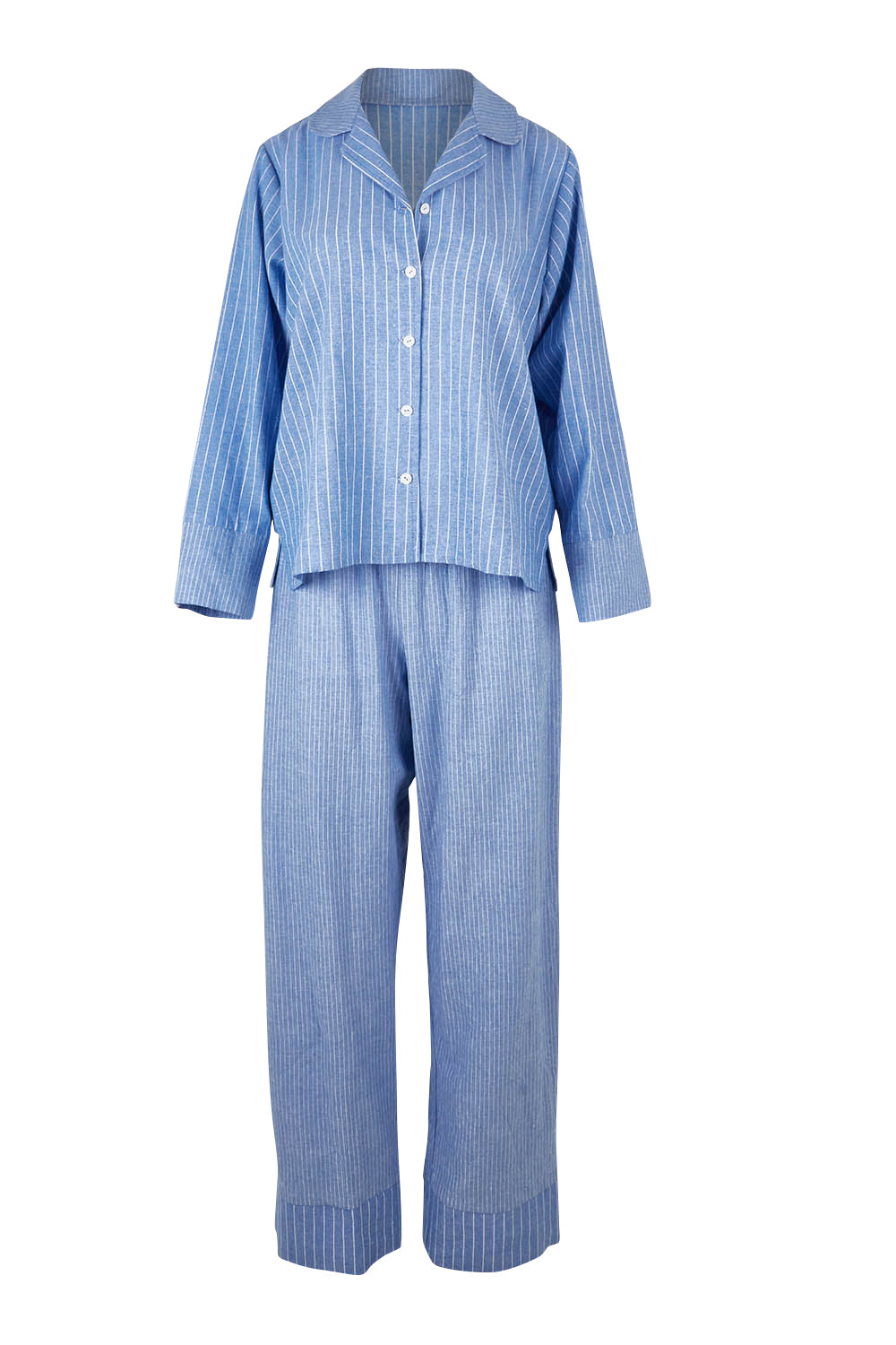 Product shot of the Cotton Linen Mismatched Pyjama Set in colour Denimstrip (Blue), from the front