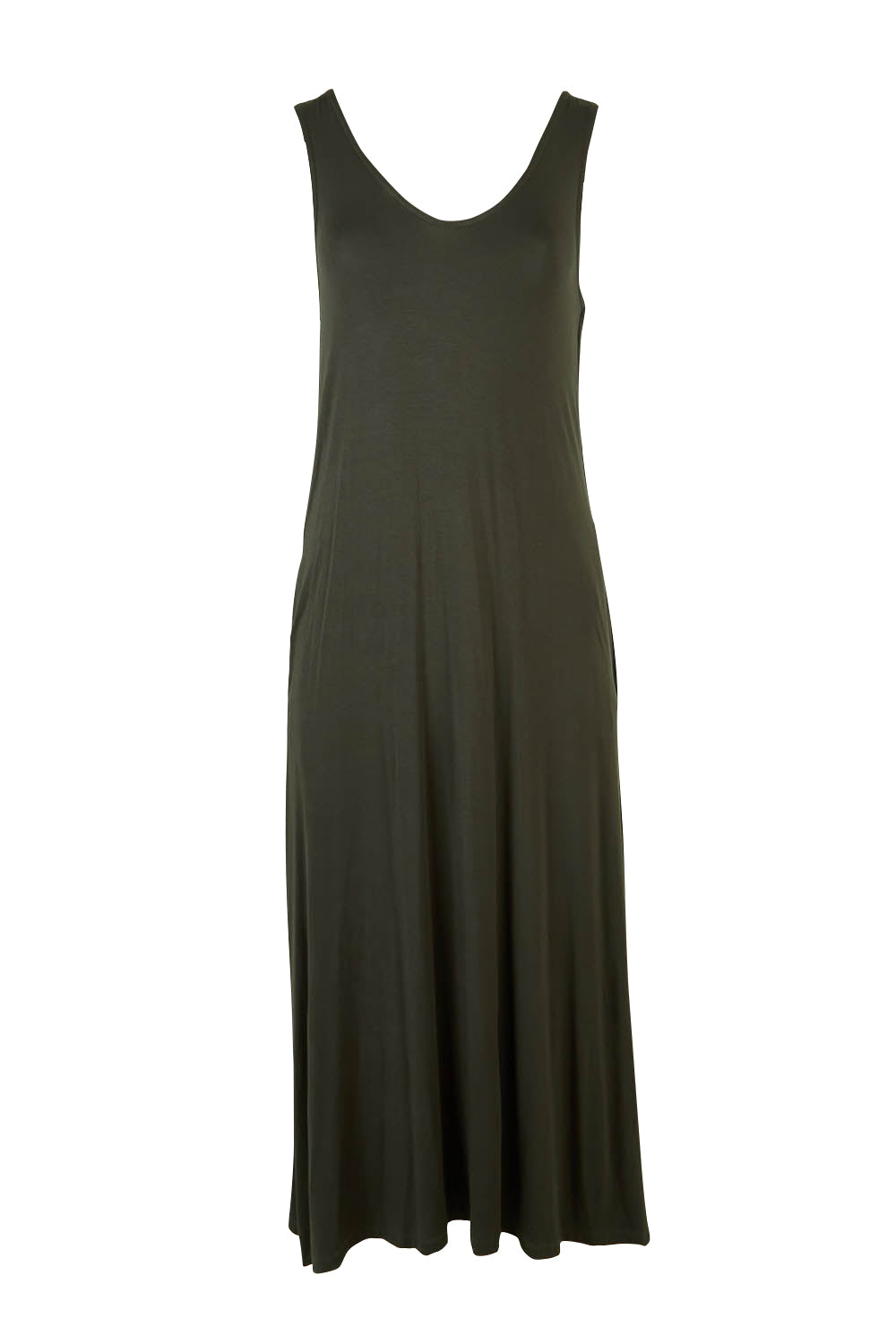 Product shot of the Modal Back Wrap Midi Dress in colour Deepgreen (Green), from the front