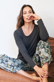 Model Amanda wearing the Classic Fit Long Sleeve Modal Tee in colour Deepgreen (Green), from the front, showing the whole outfit