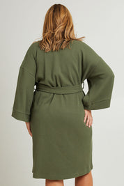 Model Fiona wearing the Cotton Waffle Dressing Robe in colour Norigreen (Green), from the back