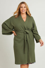 Model Fiona wearing the Cotton Waffle Dressing Robe in colour Norigreen (Green), from the front, showing the whole outfit