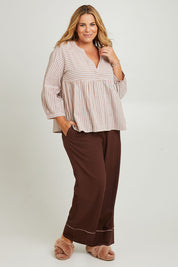 Model Fiona wearing the Cotton Full Length Pyjama Pants in colour Chocolate, from the front, showing the whole outfit