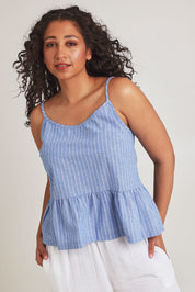 Model Terri-Leigh wearing the Cotton Linen Striped Cami in colour Denimstrip (Blue), from the front, cropped image