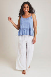 Model Terri-Leigh wearing the Cotton Linen Striped Cami in colour Denimstrip (Blue), from the front, showing the whole outfit