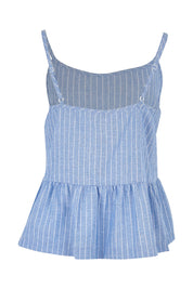 Product shot of the Cotton Linen Striped Cami in colour Denimstrip (Blue), from the back
