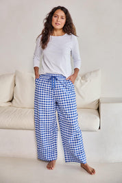 Model Tahneei wearing size 10 of the Cotton Check Pyjama Pants – Blue in colour Blue, from the front