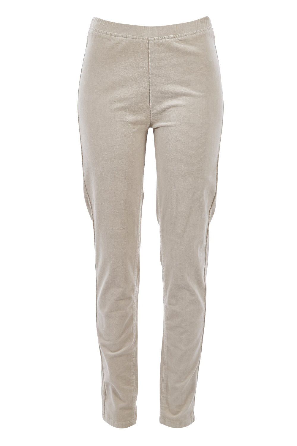 Product shot of the Skinny Leg Cord Pull On Pant in colour Bone, from the front