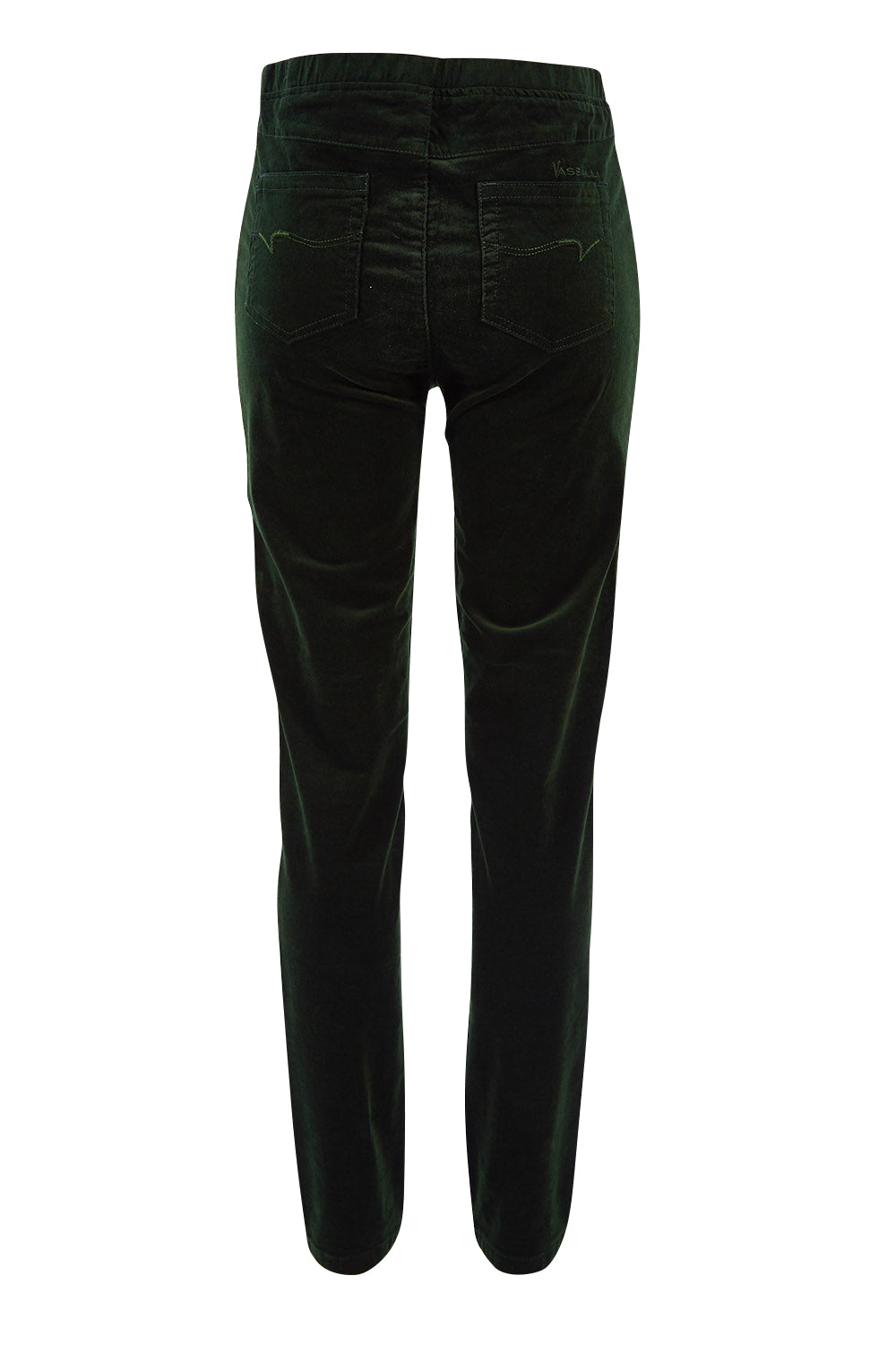 Product shot of the Skinny Leg Cord Pull On Pant in colour Forest (Green), from the back