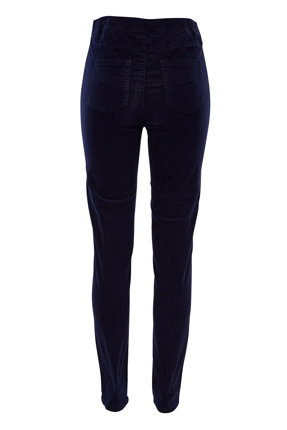 Product shot of the Skinny Leg Cord Pull On Pant in colour Navy (Blue), from the back