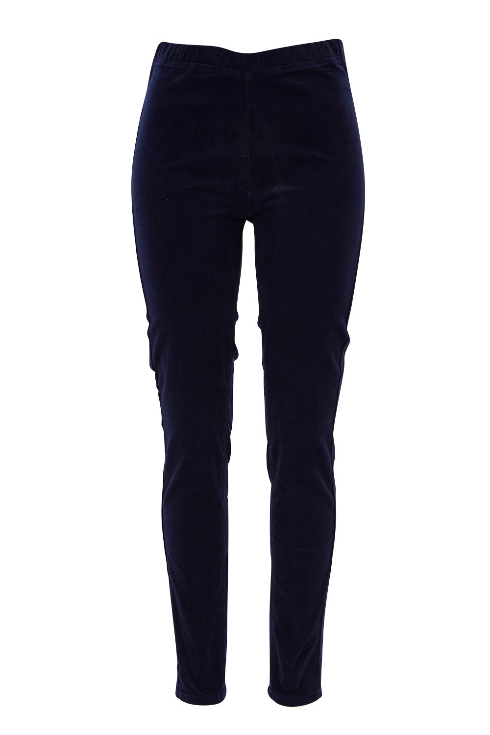 Product shot of the Skinny Leg Cord Pull On Pant in colour Navy (Blue), from the front