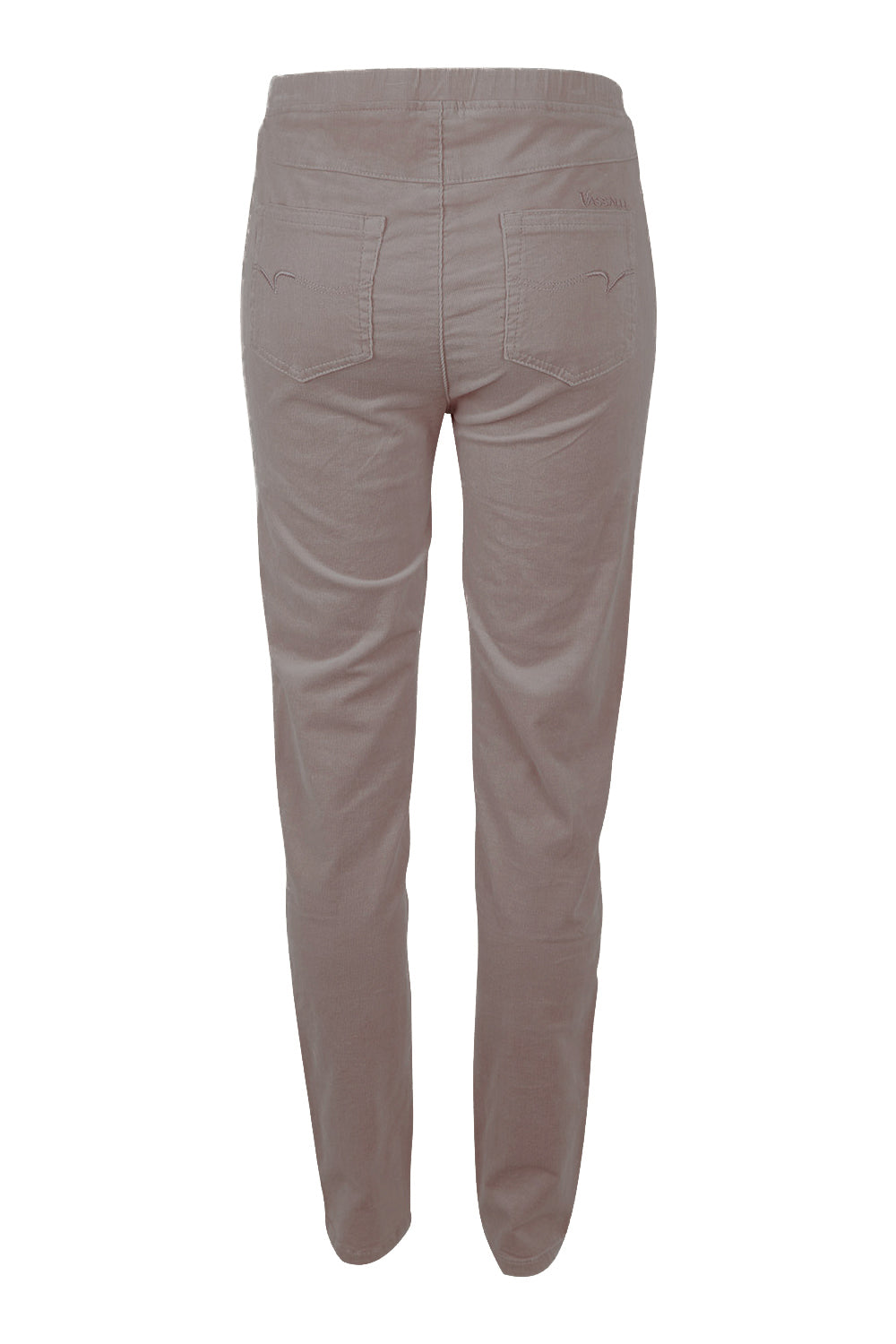 Product shot of the Skinny Leg Cord Pull On Pant in colour Taupe, from the back