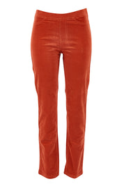 Product shot of the Pin Cord Slim Pant in colour Auburn, from the front