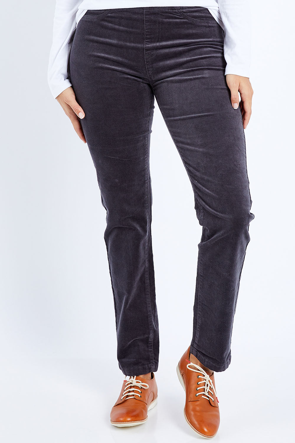 Model Lala wearing size 10 of the Pin Cord Slim Pant in colour Charcoal (Grey), from the front, cropped image