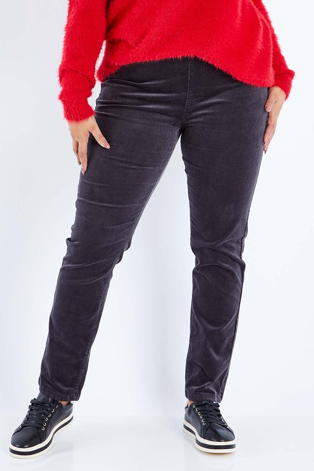 Model Sasha-Lee wearing size 16 of the Pin Cord Slim Pant in colour Charcoal (Grey), from the front, cropped image