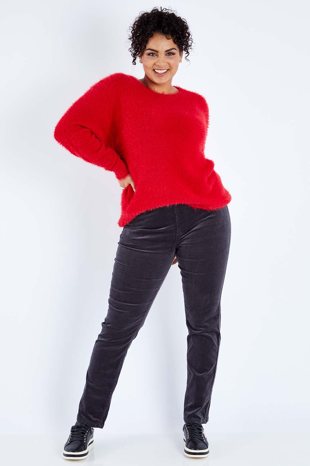 Model Sasha-Lee wearing size 16 of the Pin Cord Slim Pant in colour Charcoal (Grey), from the front, showing the whole outfit