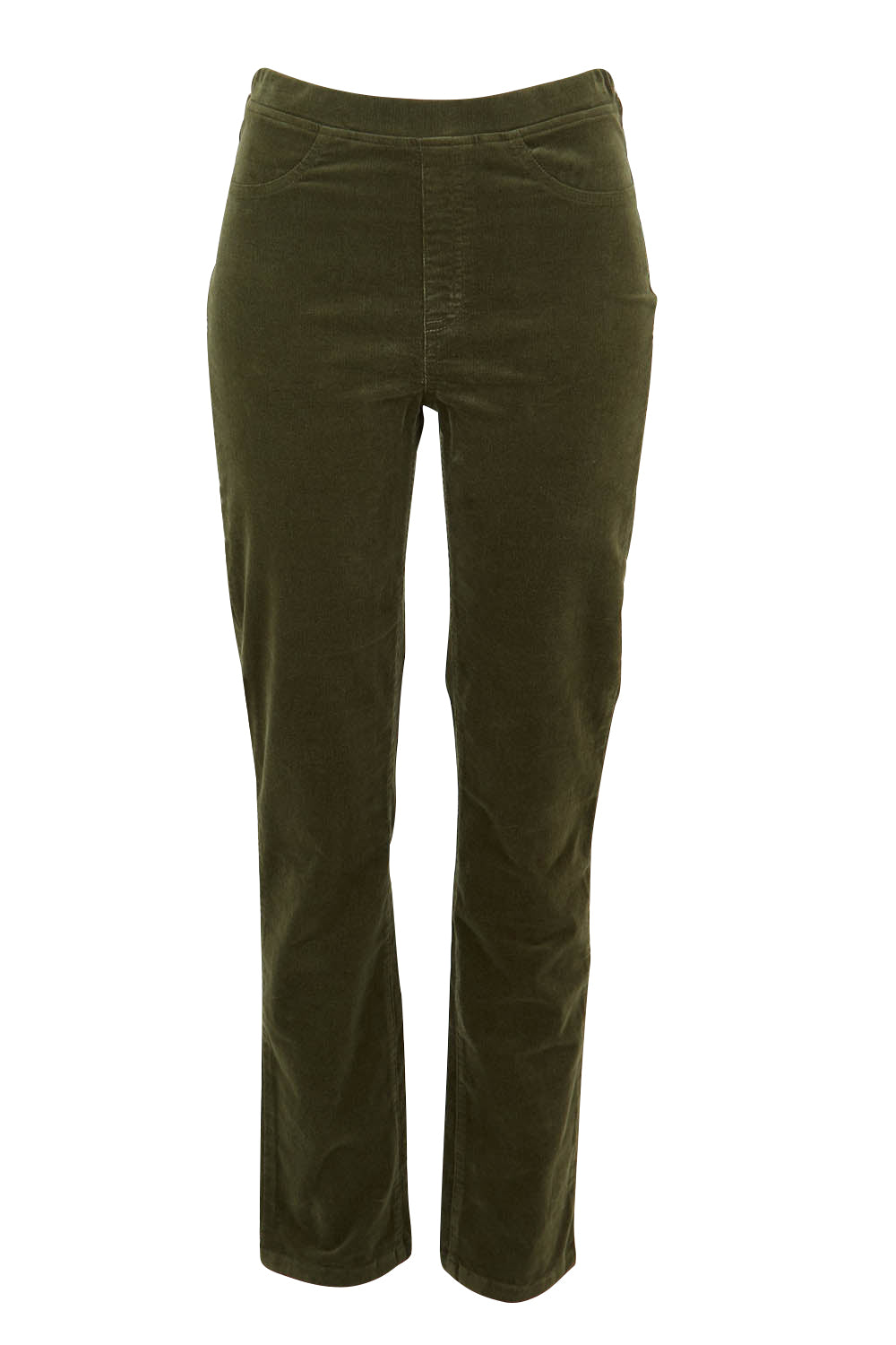 Product shot of the Pin Cord Slim Pant in colour Deepsage (Green), from the front