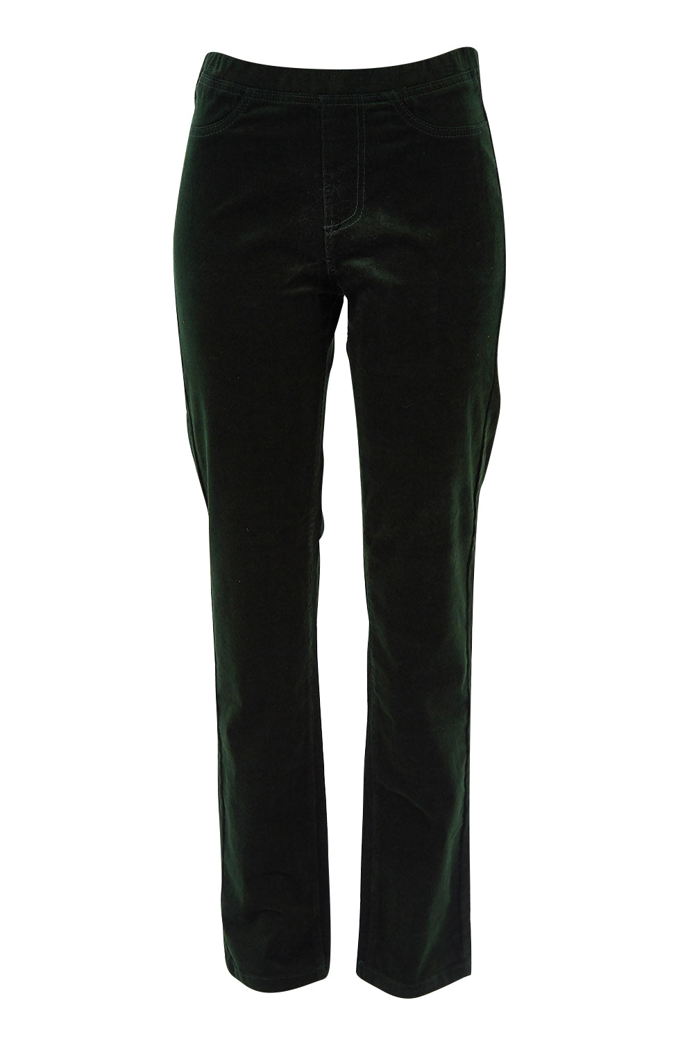Product shot of the Pin Cord Slim Pant in colour Forest (Green), from the front