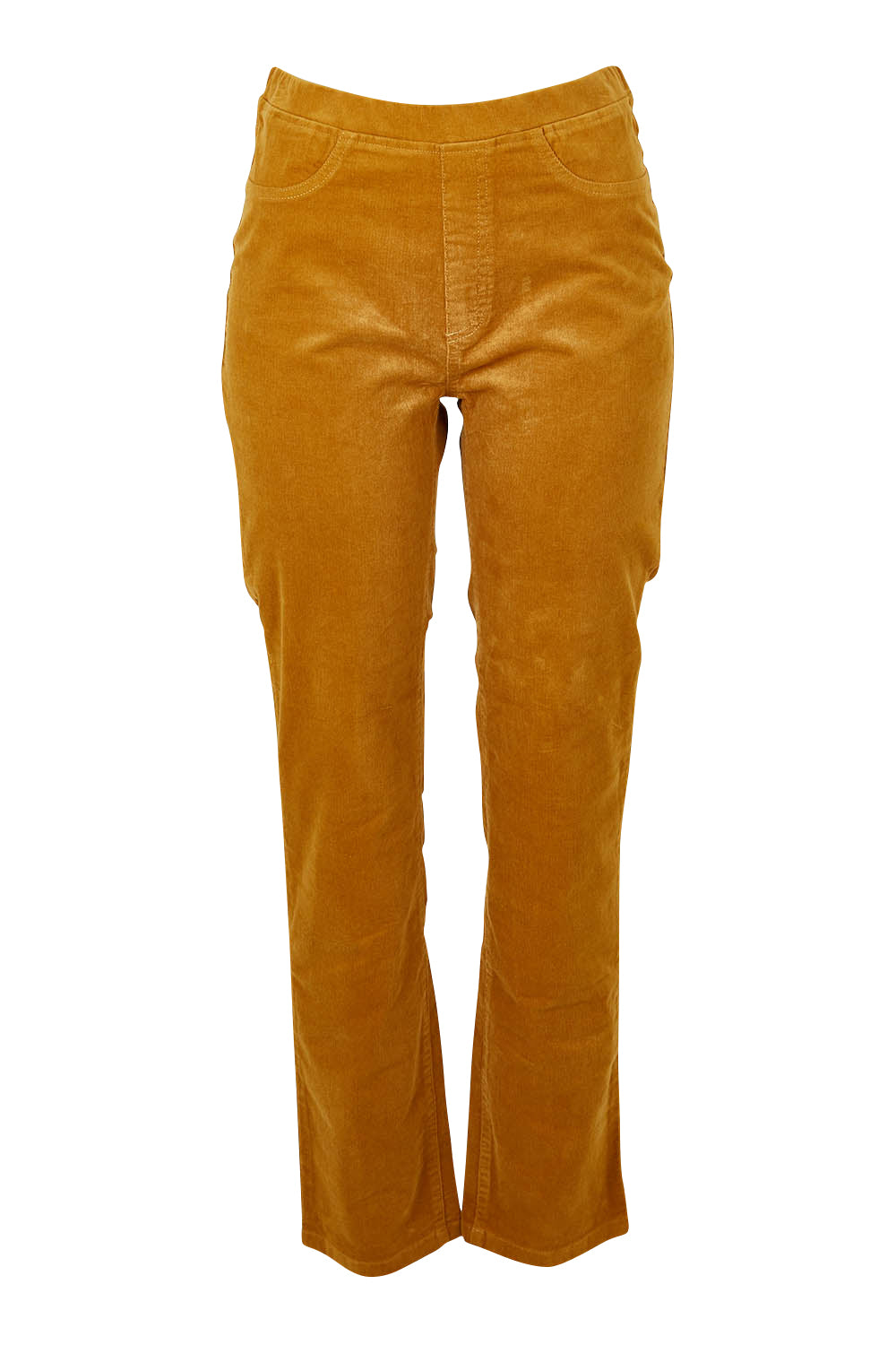 Product shot of the Pin Cord Slim Pant in colour Mustard, from the front