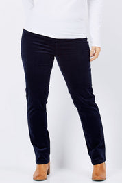 Model Laura wearing size 12 of the Pin Cord Slim Pant in colour Navy (Blue), from the front, cropped image