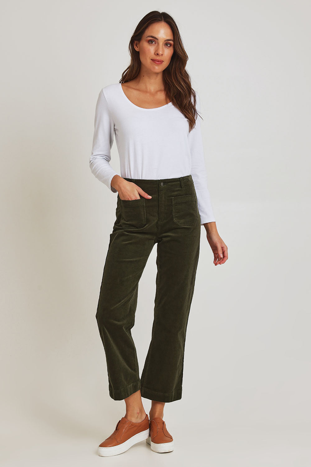 Model Madeline wearing size 10 of the Wide Leg Ankle Grazer Pant in colour Deepsage (Green), from the front, showing the whole outfit