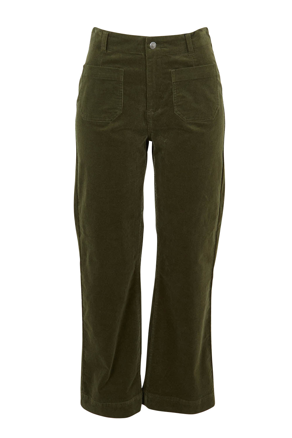 Product shot of the Wide Leg Ankle Grazer Pant in colour Deepsage (Green), from the front