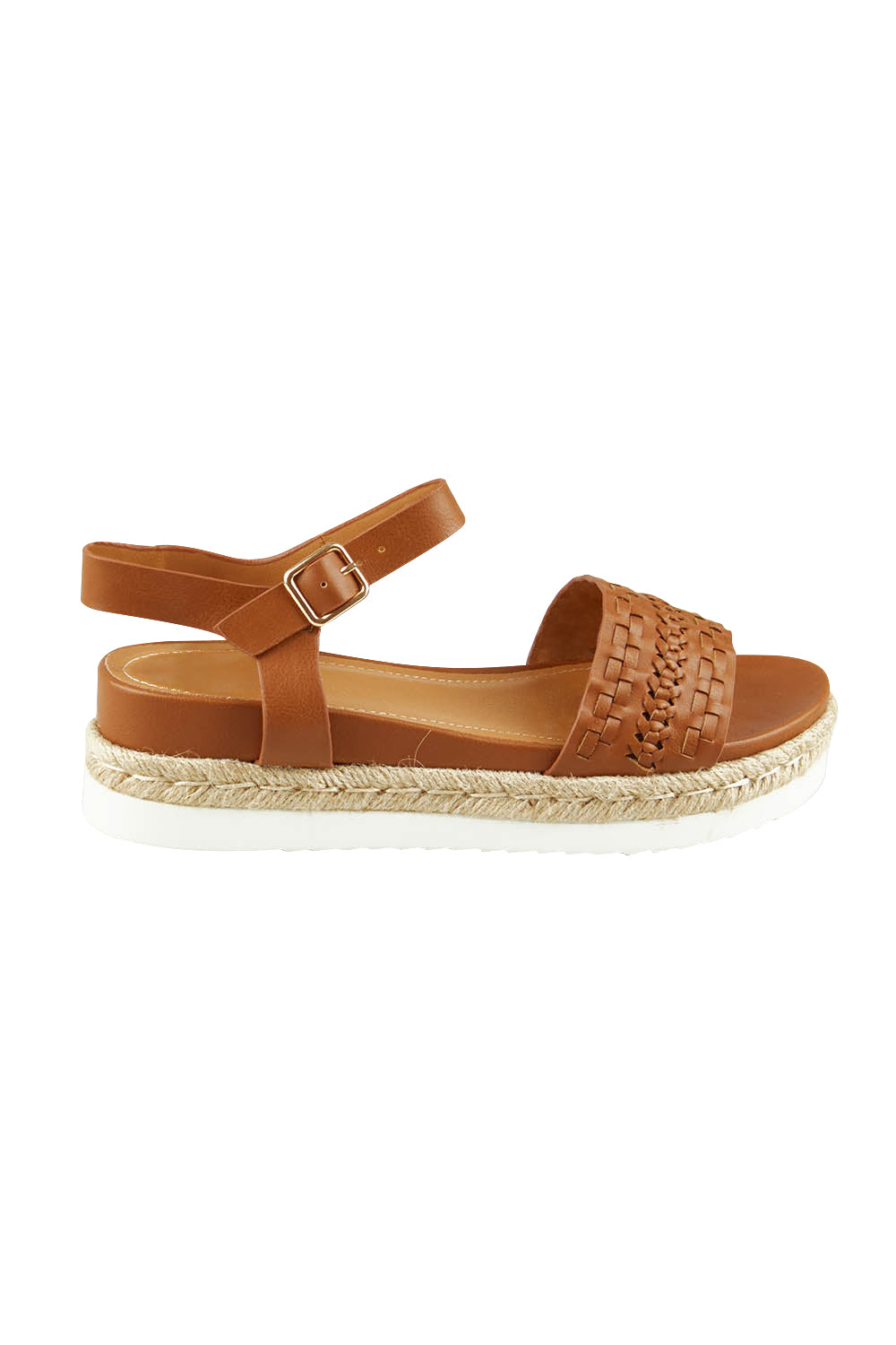 Product shot of the Disco Woven Flatform Sandal in colour Tan, from the front