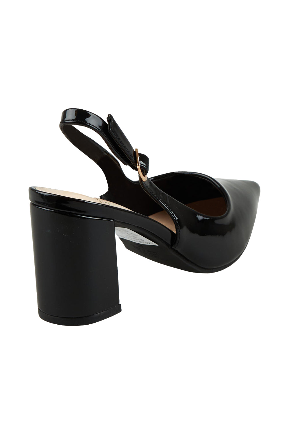 Product shot of the Elio Slingback Block Heel in colour Blackpaten (Black), from the back