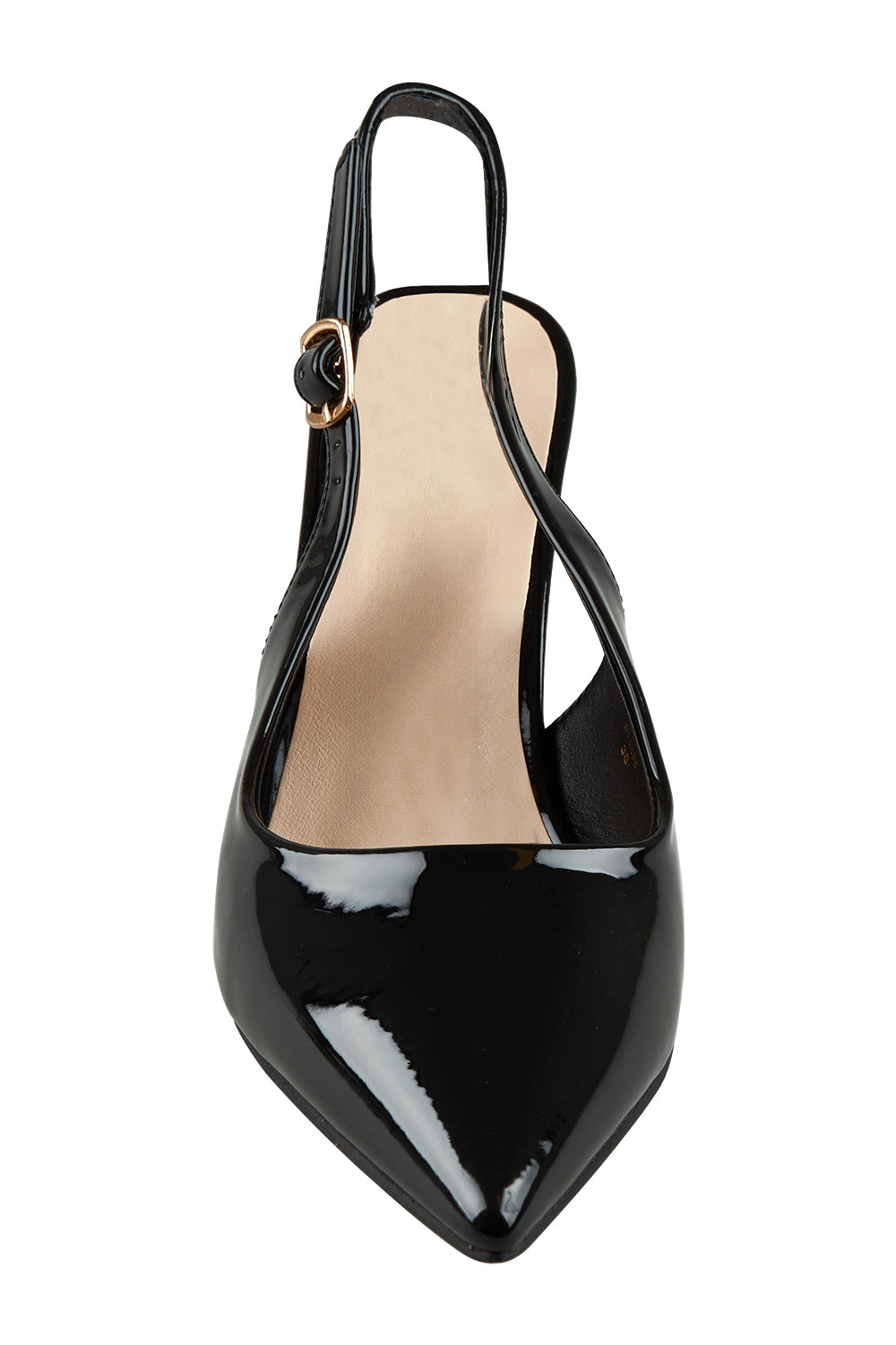 Product shot of the Elio Slingback Block Heel in colour Blackpaten (Black), detail