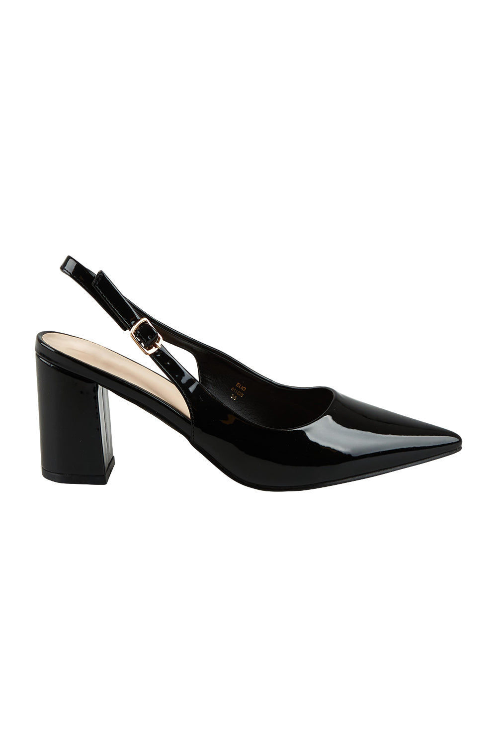 Product shot of the Elio Slingback Block Heel in colour Blackpaten (Black), from the front