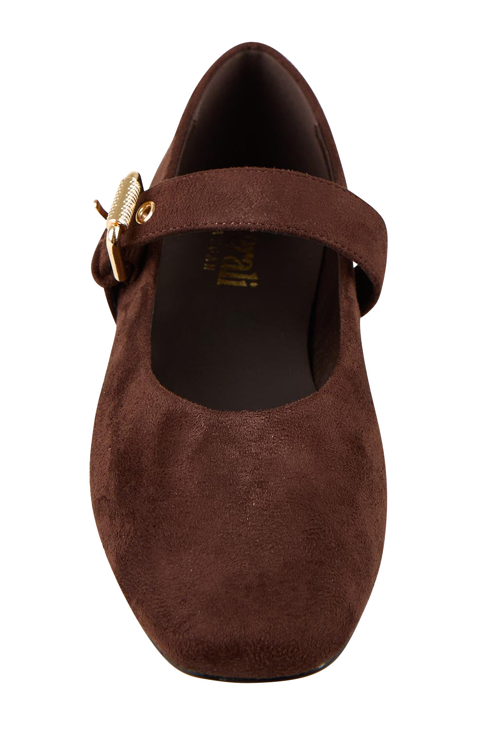 Product shot of the Europe Mary Jane Flat - Chocmicro in colour Chocmicro, showing detail
