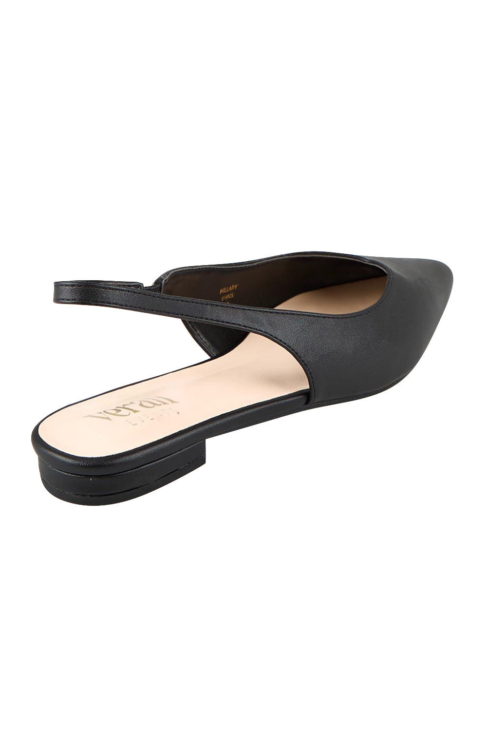 Product shot of the Hillary Slingback Flat - Black in colour Black, from the back