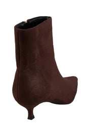 Product shot of the Luca Kitten Heel Ankle Boot in colour Chocsuede, from the back