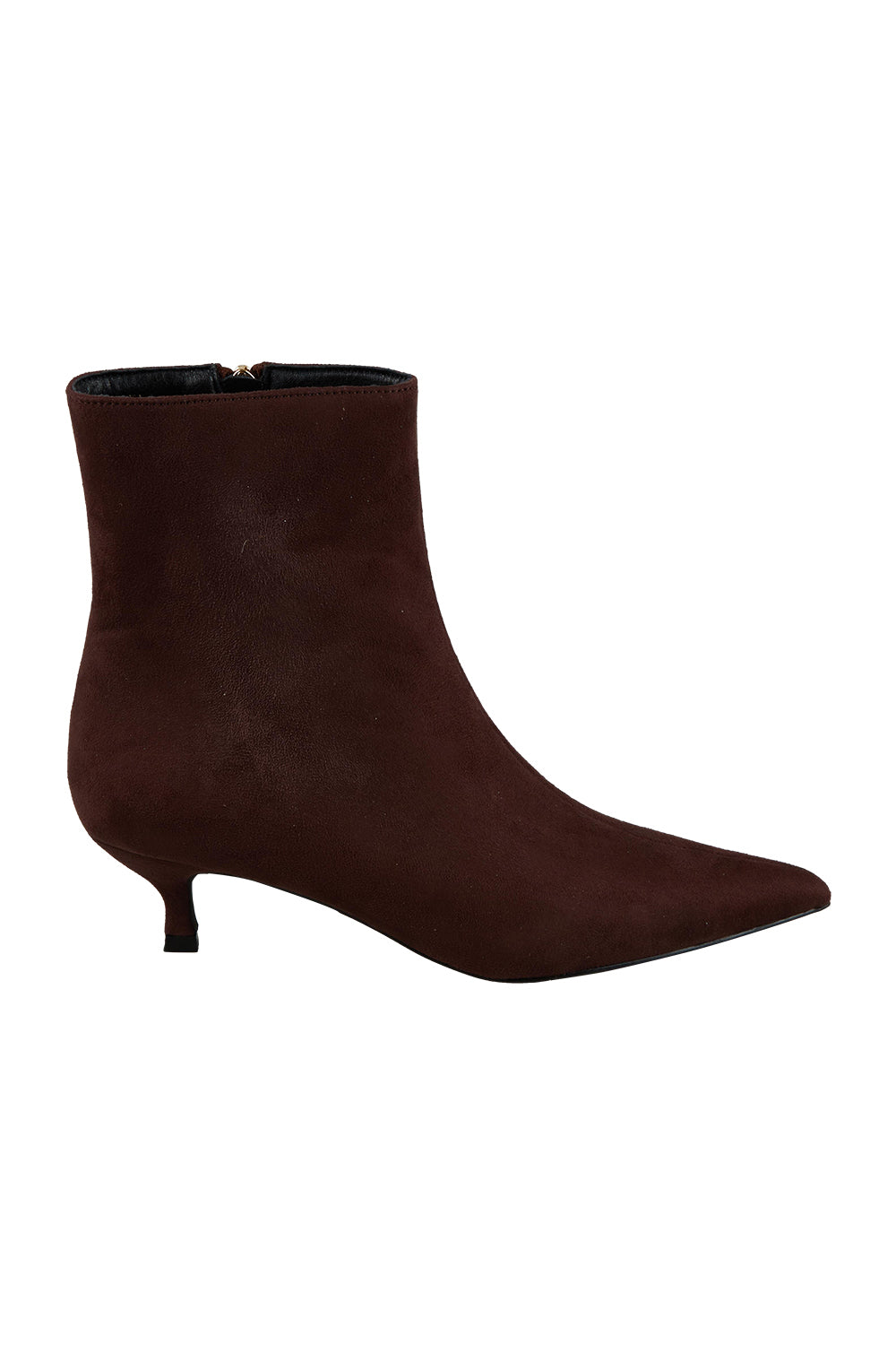 Product shot of the Luca Kitten Heel Ankle Boot in colour Chocsuede, from the front