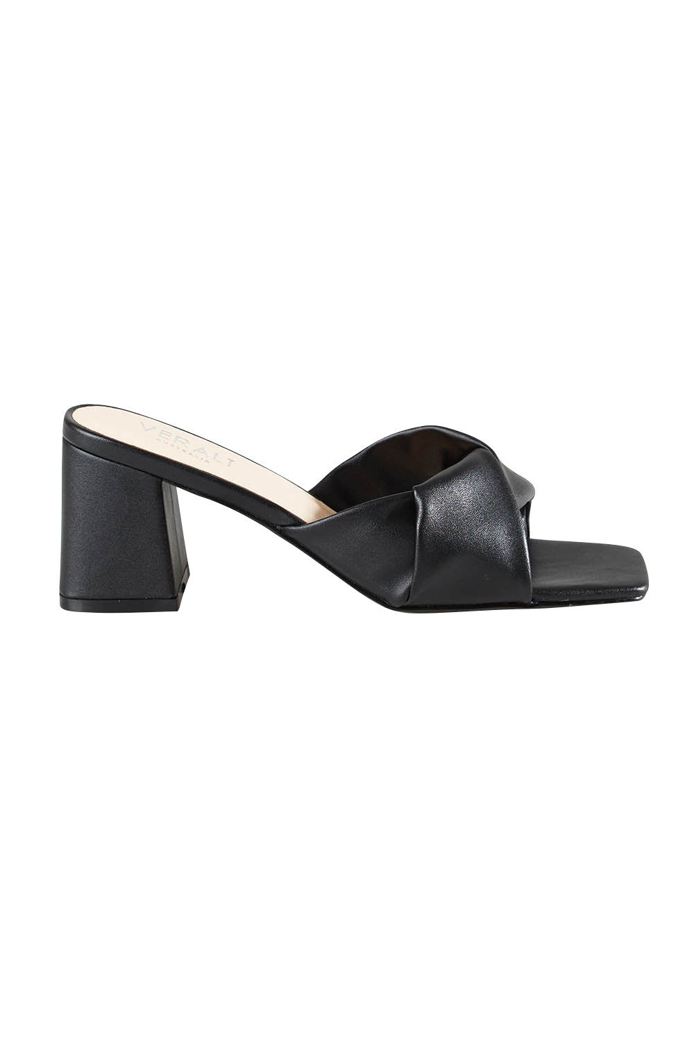 Product shot of the Stella Block Heel Mule in colour Black (Black), from the front