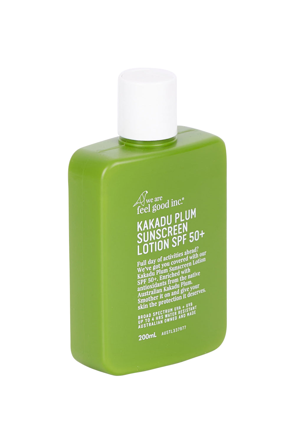 Product shot of the Kakadu Plum Sunscreen 50+ Lotion in colour Kakadu (Green), from the front