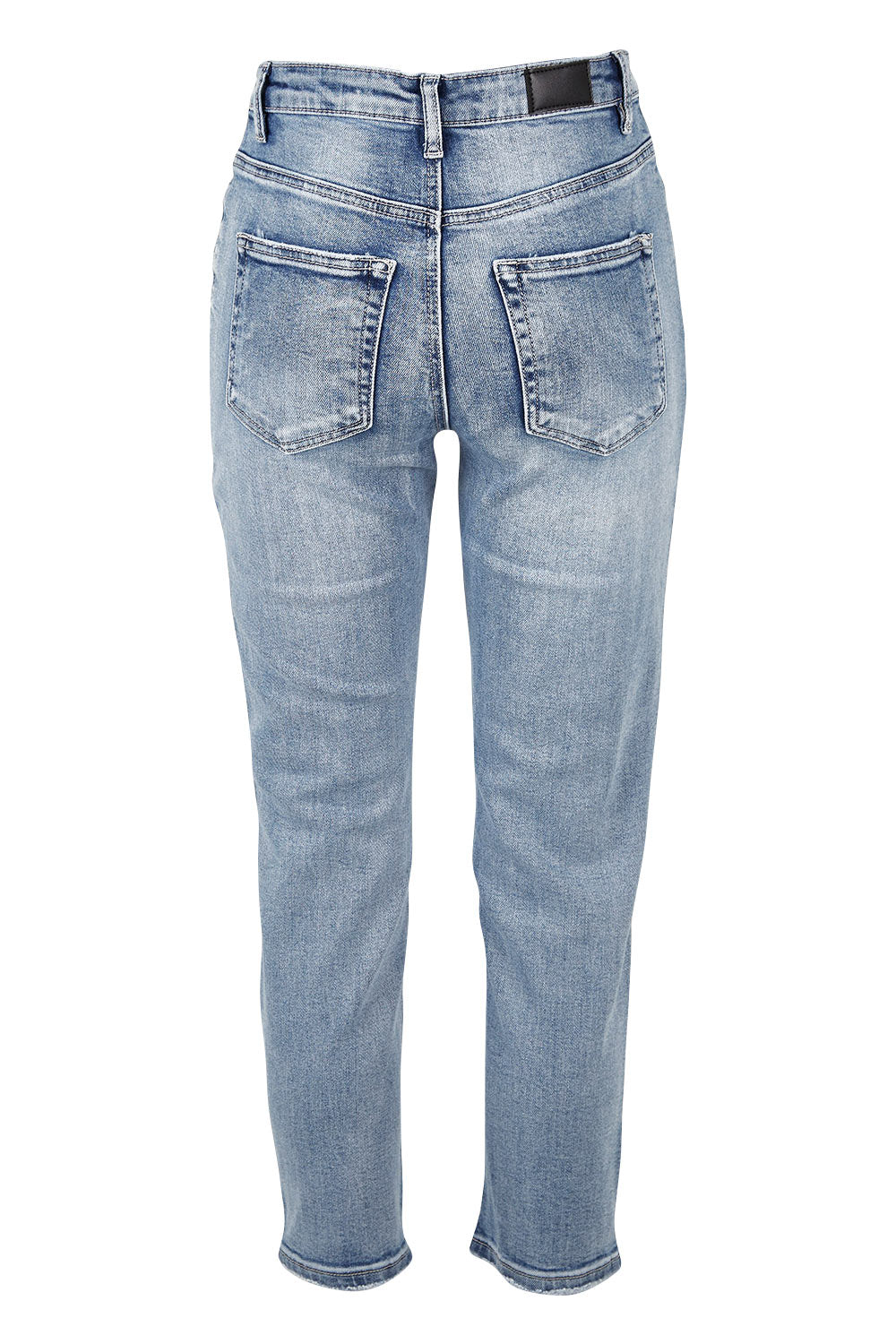 Product shot of the Vicky Distressed High Rise Jean in colour Blue (Blue), from the back